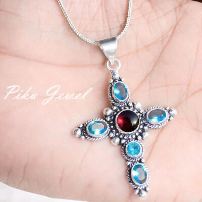 Ciondolo croce cristiana in argento sterling 925 con topazio blu svizzero e... - Immagine 1 di 4