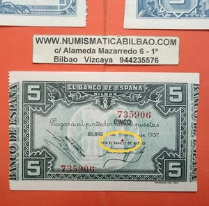 1 billete @AGUJERITO@ 5 PESETAS 1937 BANCO DE BILBAO SC- Pick S.561 EUZKADI - Imagen 1 de 3