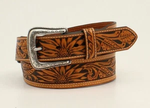 Brown Sunflower TOOLED Leather ~MAN'S WESTERN BELT~ Silver Buckle Cowboy NOCONA - Picture 1 of 2