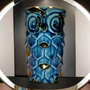 Jarrón búho azul dorado maceta cerámica esmaltada arte cerámica vintage sin marca - Imagen 1 de 8