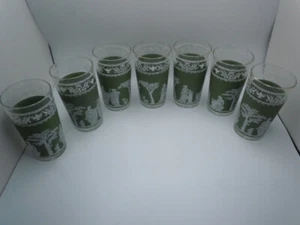 Set of 7 Vintage Libbey Green Wedgwood Jasperware Grecian Hellenic 12oz Glasses - Picture 1 of 10
