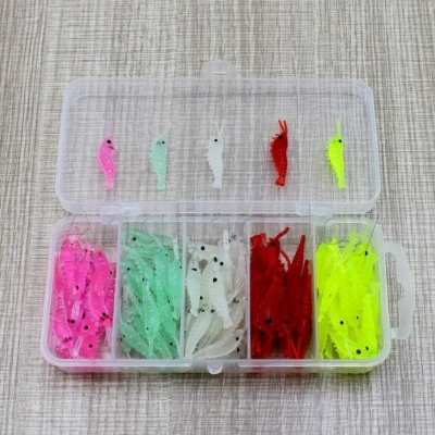 Paquete de 100 mini señuelos de pesca suaves de camarones para carpa pez luna mierda con caja de señuelos Foto 1 de 4