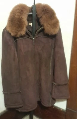 Wilsons Leather Brown Coat,Faux Suede Shearling, Genuine Fox Fur Collar, Adult L - Image 1 of 4