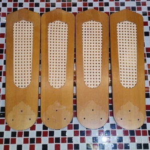 READ ~ Vtg Ceiling Fan Blades Cane Wood Caning Inset Wicker Set Of 4 - Picture 1 of 24