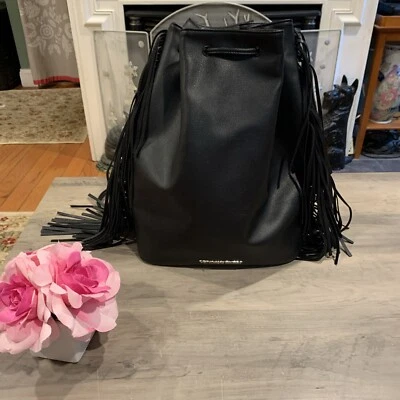 Victoria's Secret Fashion Show Black  Faux Leather Fringe Backpack Bag “New” - Image 1 of 4