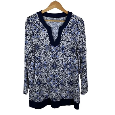Lands End цветочный туника верхний размер XL синий мягкий эластичной прибрежный удобный курорт v-образным вырезом - Изображение 1 из 4