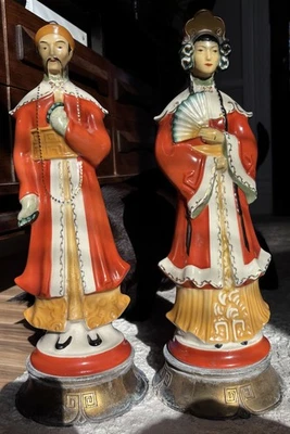Vintage Chinese Porcelain Statues Hand Painted Empress Emperor 18" Pewter Base - Image 1 of 4