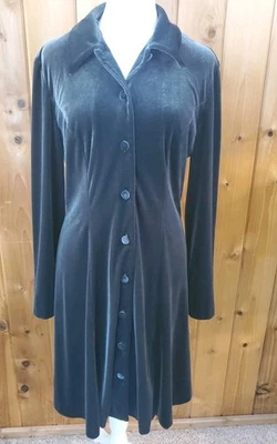 Talbots Velvet Shirt Dress Green Long Sleeve Midi Button Collar Size 8 - Image 1 of 4
