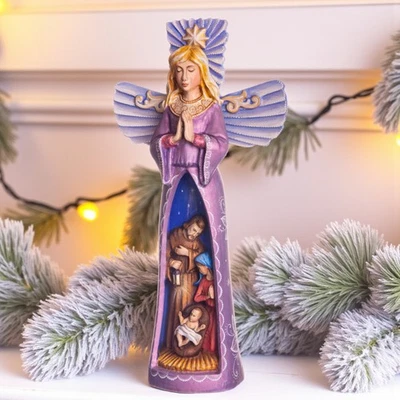 Anjo de madeira esculpido à mão com presépio | Decoração cristã de Natal - Imagem 1 de 4