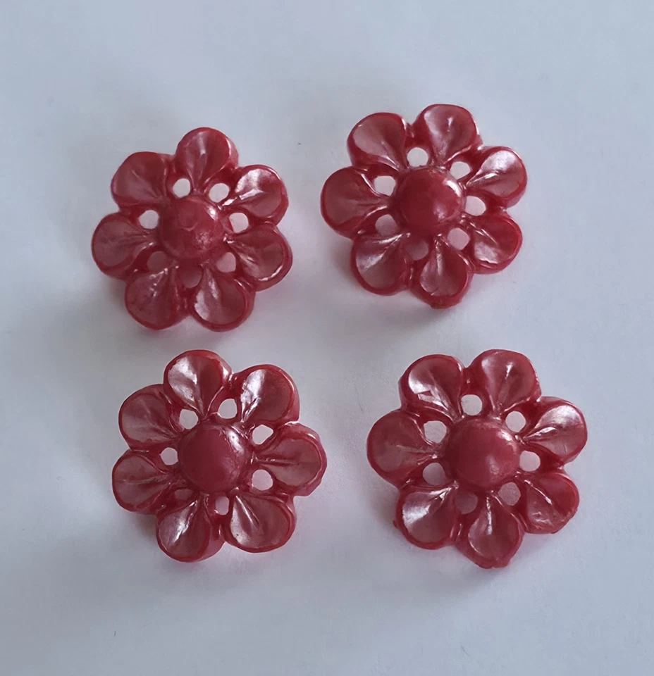 Vintage Molded Box Shank Buttons Floral Pierced Plastic Pearlescent Red 4pcs  - Image 1 of 4