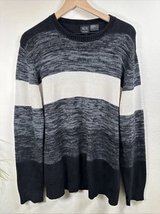 Armani Exchange Mens Size XL Black Gray White Striped Wool Crewneck Sweater - Picture 1 of 13