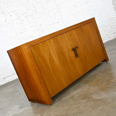 MCM to Modern Narrow Walnut Buffet Console Cabinet with Antique Brass Handles Cover