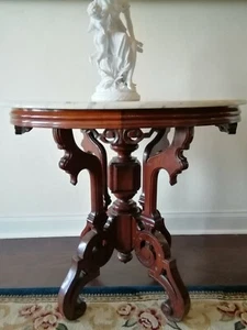 19th Century Victorian Walnut Marble Top Oval Parlor Table - Picture 1 of 10