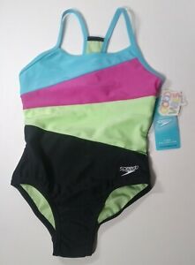 Speedo Endurance Girl's Sz 7 Anthracite Splice Athletic 1 Pc Swimsuit Good Vibes