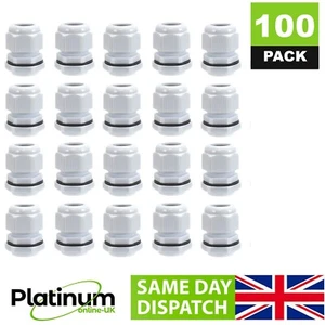 100 x 20 mm White Waterproof IP68 Compression Cable Stuffing Gland & Locknut M20 - Picture 1 of 3