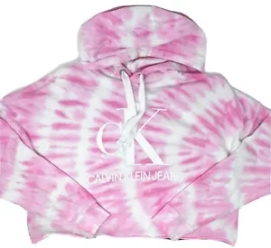 Women’s Calvin Klein Hoodie Cropped Sweatshirt w/ Pink & White Tie-dye Size M - Picture 1 of 6