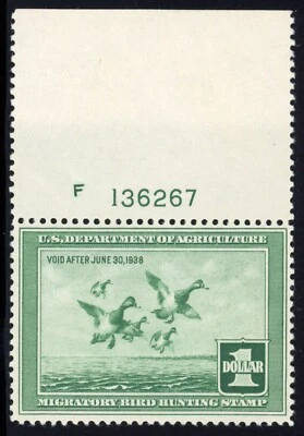 United States 1937 $1 Scaup Ducks Sc# RW4 Plate Number Single Mint VF OG NH GEM - Image 1 of 2