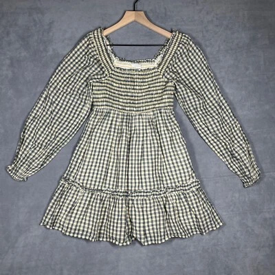 American Eagle Dress XS Cream Navy Plaid Smocked Peasant Long Sleeve Ruffle Hem - Image 1 of 4
