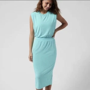 Athleta Santorini Cinch Midi Jersey Dress Gulf Green SZ M Sleeveless turquoise - Picture 1 of 9