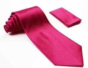 Hot Pink Classic Matching Tie Set 2 Piece Pocket Square Hanky Formal Wedding Tie - Picture 1 of 3