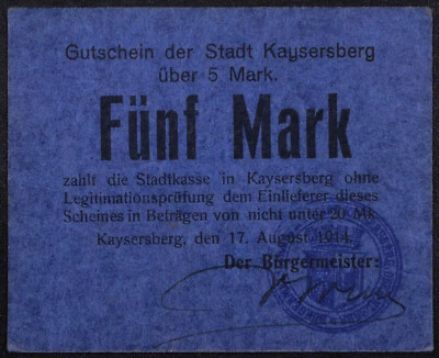 KAYSERSBERG 1914 5 Mark Early WWI German Notgeld France Upper Alsace - Image 1 of 2