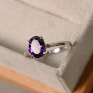 Amethyst Solitaire Ring Natural Oval Gemstone 925 Sterling Silver Ring For Women - Picture 1 of 4