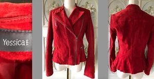 YESSICA ALL SUEDE BRIGHT RED MOTORCYCLE LEATHER JACKET LINED ZIPPERS EUC S EU 36 - Picture 1 of 9