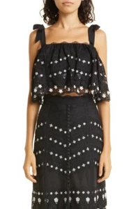 Saloni Black Jemi Tie Strap Silk Blend Top Lace Ruffle Crop Womens Size 8 Floral - Picture 1 of 12