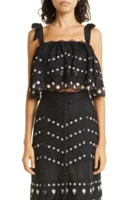 Saloni Black Jemi Tie Strap Silk Blend Top Lace Ruffle Crop Womens Size 8 Floral - Image 1 of 4