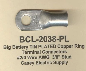 5 TIN PLATED Copper Battery Ring Lug Terminal Connector 2/0 Wire Gauge 3/8" Stud - Picture 1 of 3