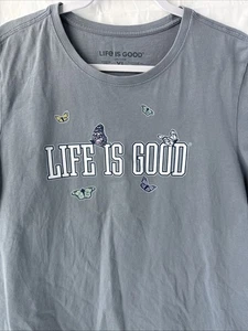 Life Is Good Crusher T-Shirt Damen XL Blumen Schmetterlinge Tee grau - Bild 1 von 6