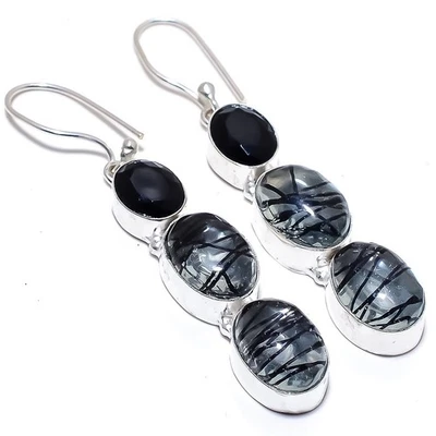Nero Rutilo Quarzo, Onice Gemma 925 Argento Sterling Gioielli Orecchino 6.3cm - Immagine 1 di 4