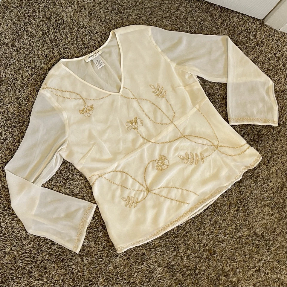Top Judith Hart para mujer de la década de 1990 talla 10 manga campana crema con bordado floral dorado Foto 1 de 4