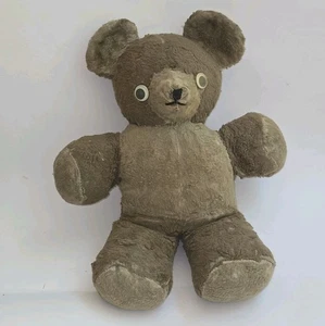 VINTAGE 1940s Googly-Eyed Teddy Bear w/ Tail. Primitive Folk Art Stuffed Toy 15" - Picture 1 of 24