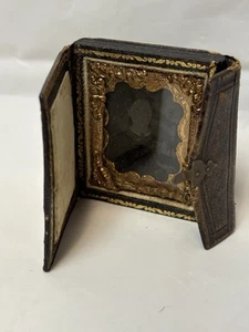 Antique Miniature Military Sweetheart Pocket Gold Frame Tintype Photograph Case - Picture 1 of 14