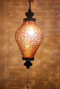 Vintage 60s-70s Amber Glass Globe Swag Hanging Light with 10' Chain - Picture 1 of 23