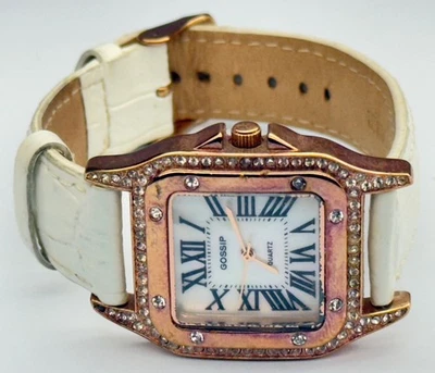 Women’s GOSSIP Quartz Wristwatch Rose Gold Tone Rhinestones Analog White Leather - Image 1 of 4