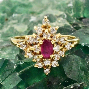 14k Yellow Gold Diamond & Ruby Gemstone Cluster Ring Size 6.75 - Picture 1 of 6