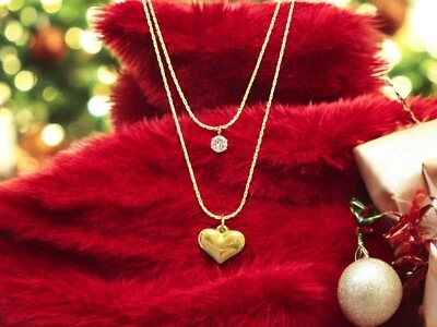 Woman’s Stainless Steel Gold Double Necklace With Pendant Chain Choker Jewelry - Image 1 of 4