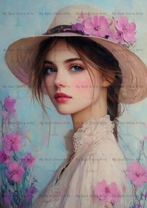 VICTORIAN LADY ART PRINT, Romantic Woman Portrait Wall Decor, Floral Hat Poster - Picture 1 of 2