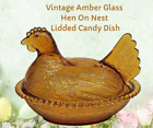 Vintage INDIANA Glass AMBER Beaded Rim Hen-On-Nest Lidded Candy Dish