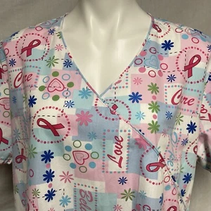 Love Care Blue Pink Ribbon Nurse Scrub Top 3 pocket Size XL - Picture 1 of 10