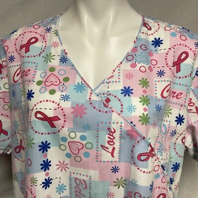 Love Care Blue Pink Ribbon Nurse Scrub Top 3 pocket Size XL - Image 1 of 4