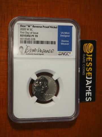 2020 W REVERSE PROOF JEFFERSON NICKEL NGC PF70 DONNA WEAVER FIRST DAY OF ISSUE Cover