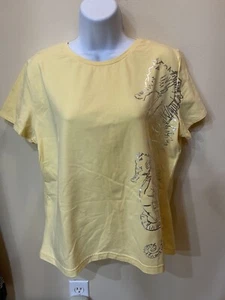 Palm Harbor Womens Yellow 7 inch Sleeve tee with Gold Imprint Of Sea Horse - Picture 1 of 11