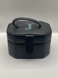 Joyero de viaje vintage ovalado imitación cuero negro con inserción marca J - Imagen 1 de 12