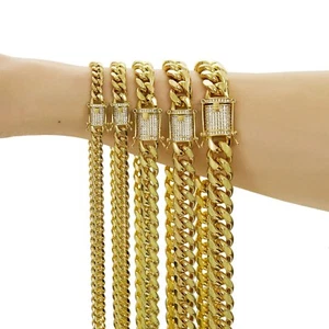 Cadena o brazalete cubano Miami Hip Hop chapado en oro 14k de acero inoxidable de 6-14 mm B - Imagen 1 de 11