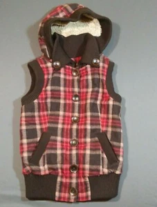 Womens Small Miss Me Hooded Vest Warm Red Brown Checkered Heavyweight Button - Picture 1 of 5