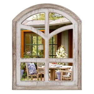 9.5 X 12 Inch Rustic Wood Mirror Arched Window Mirror Farmhouse Wall Mirror With - Picture 1 of 8
