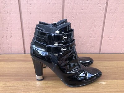 $435 STUART WEITZMAN US 8.5 Black Patent Strap Buckle Ankle Boots Booties CZ - Image 1 of 4